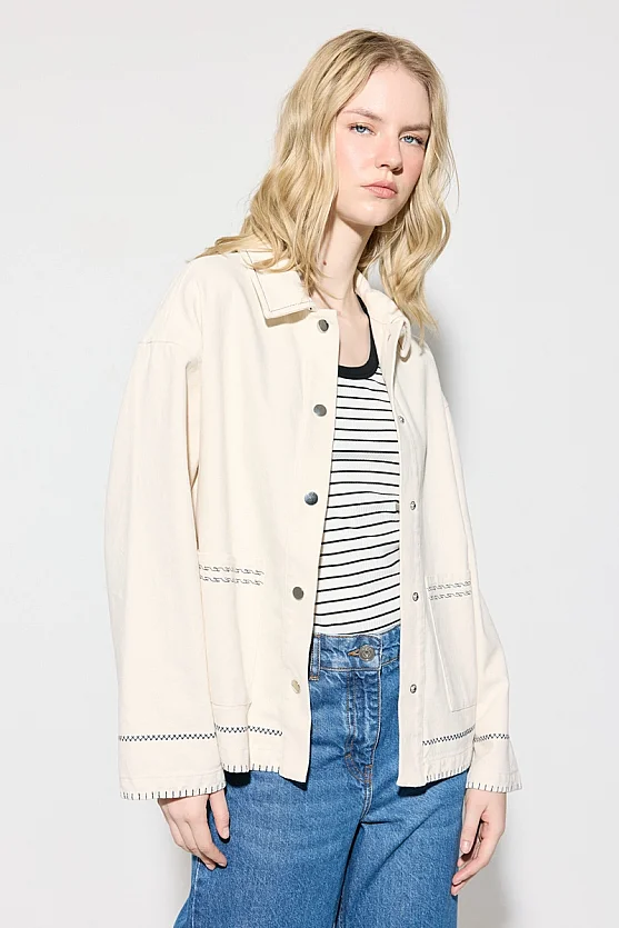 Nakışlı Kanvas Denim Ceket - Ekru - Gusto