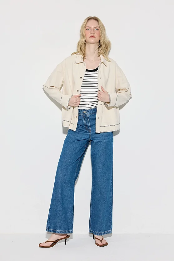 Nakışlı Kanvas Denim Ceket - Ekru - Gusto