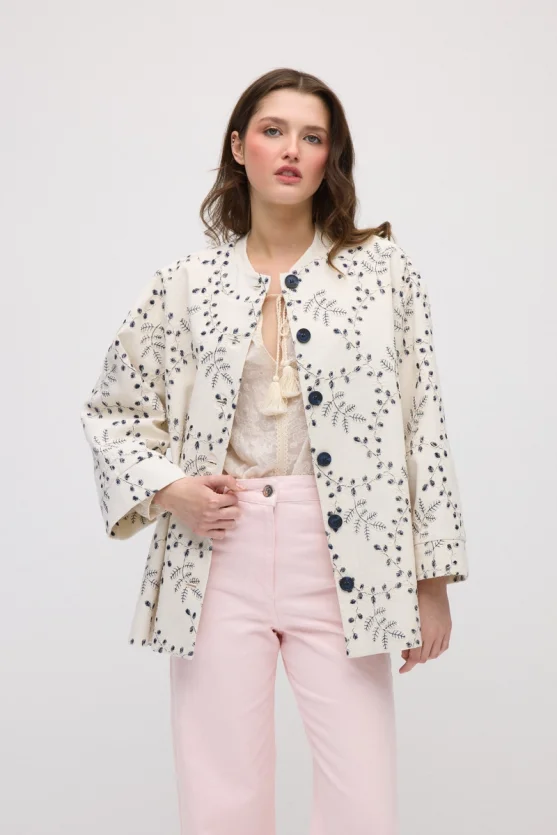 Nakışlı Koton Kaftan - Ekru - 1