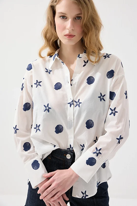 Nakışlı Koton Rahat Kesim Gömlek - Beyaz - 3