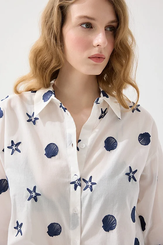 Nakışlı Koton Rahat Kesim Gömlek - Beyaz - 6