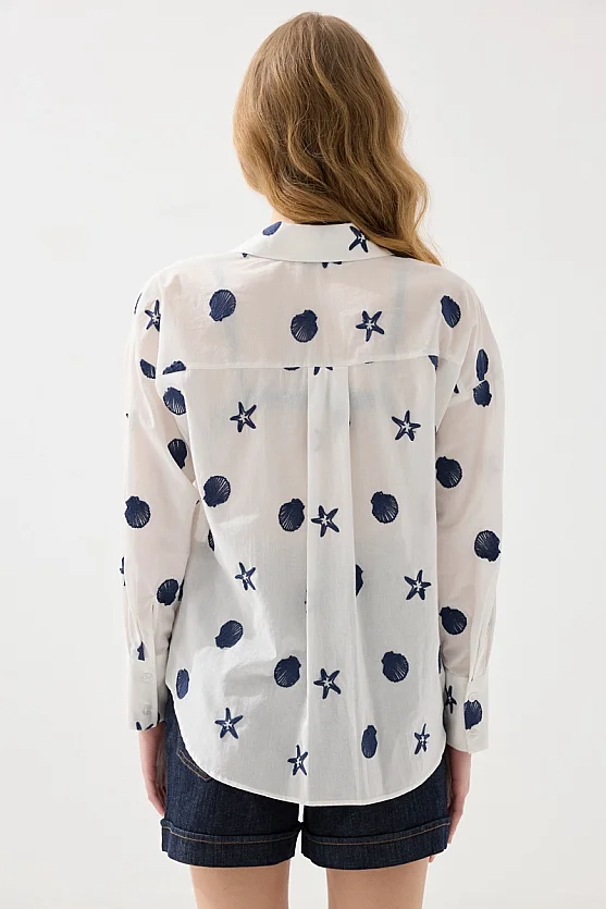 Nakışlı Koton Rahat Kesim Gömlek - Beyaz - 7