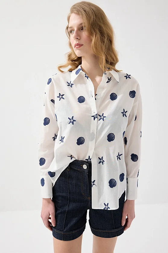 Nakışlı Koton Rahat Kesim Gömlek - Beyaz - Gusto