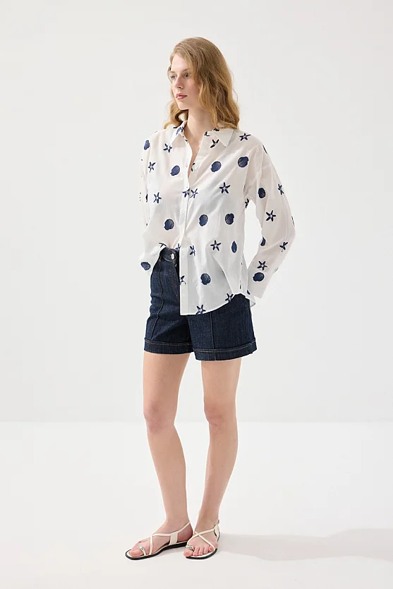 Nakışlı Koton Rahat Kesim Gömlek - Beyaz - Gusto