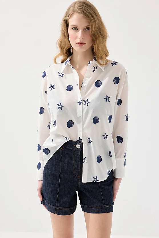 Nakışlı Koton Rahat Kesim Gömlek - Beyaz - Gusto