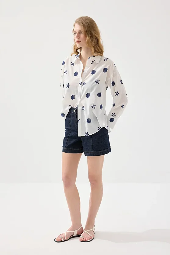 Nakışlı Koton Rahat Kesim Gömlek - Beyaz - Gusto