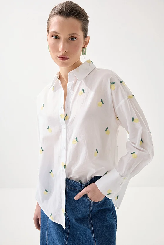 Nakışlı Limon Desenli Koton Gömlek - Beyaz - 5