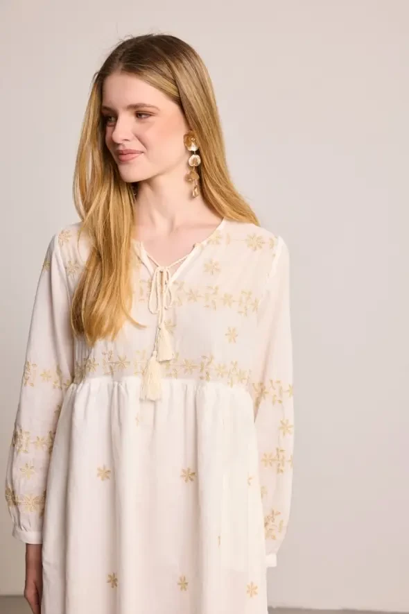 Nakışlı Pamuk Rahat Kesim Elbise - Beyaz - Gusto