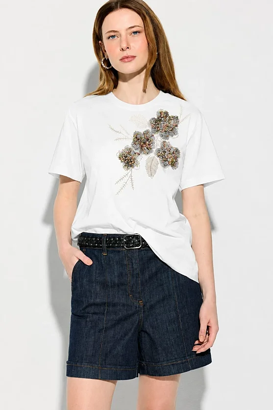 Nakışlı Pamuk T-shirt - Beyaz - Gusto