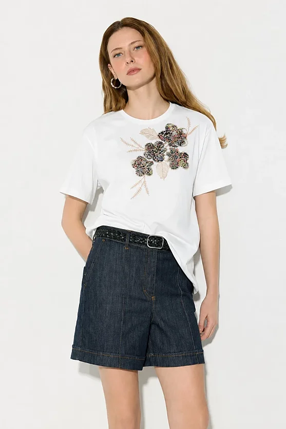 Nakışlı Pamuk T-shirt - Beyaz - Gusto