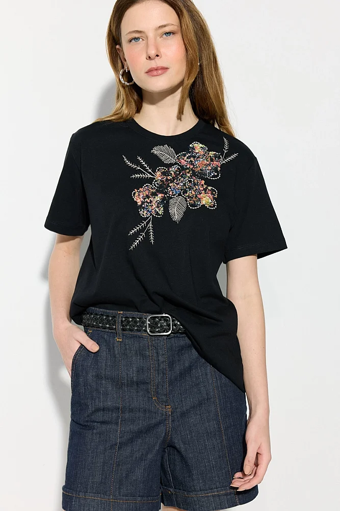 Nakışlı Pamuk T-shirt Siyah Black