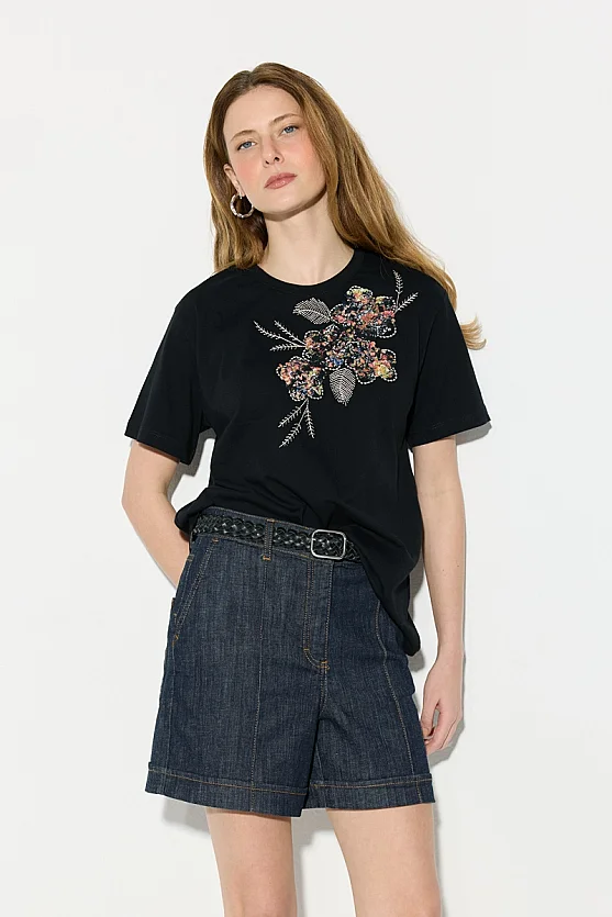 Nakışlı Pamuk T-shirt Siyah - 3