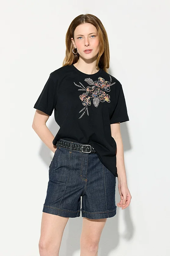 Nakışlı Pamuk T-shirt Siyah - 4