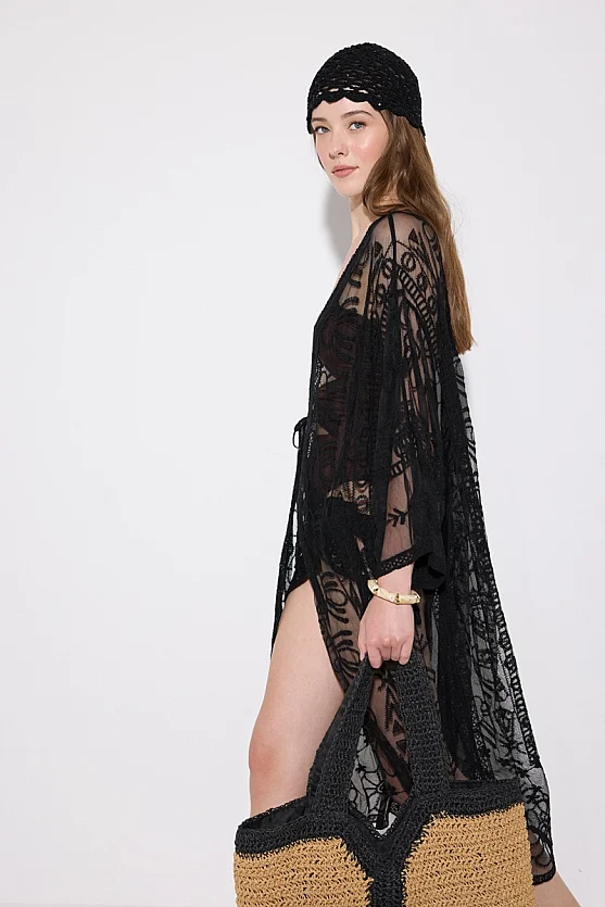 Nakışlı Tül Kimono - Siyah - Gusto