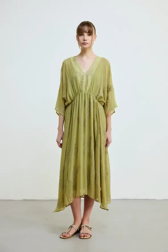 Nakışlı Uzun Astarlı Şifon Elbise -Yeşil - 1