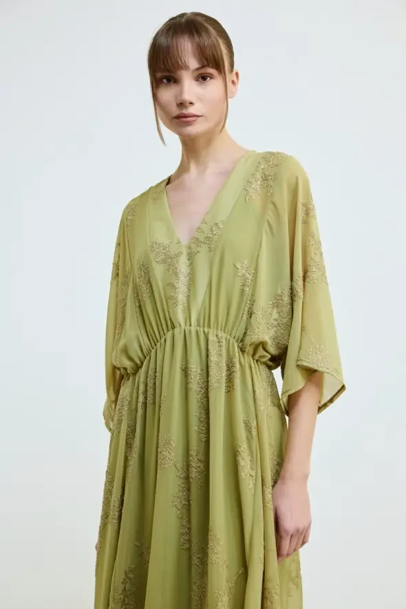 Nakışlı Uzun Astarlı Şifon Elbise -Yeşil - 3