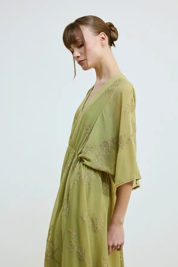 Nakışlı Uzun Astarlı Şifon Elbise -Yeşil - 4