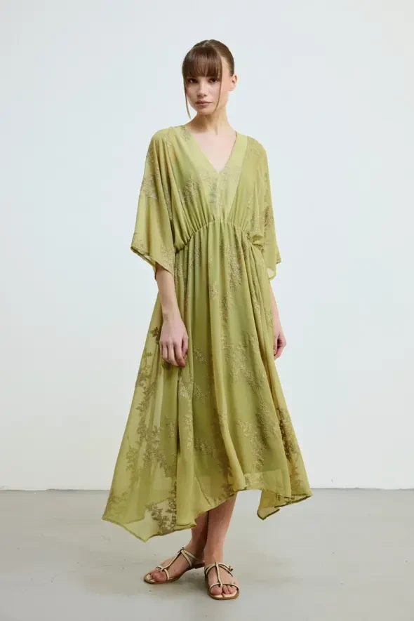 Nakışlı Uzun Astarlı Şifon Elbise -Yeşil - 5