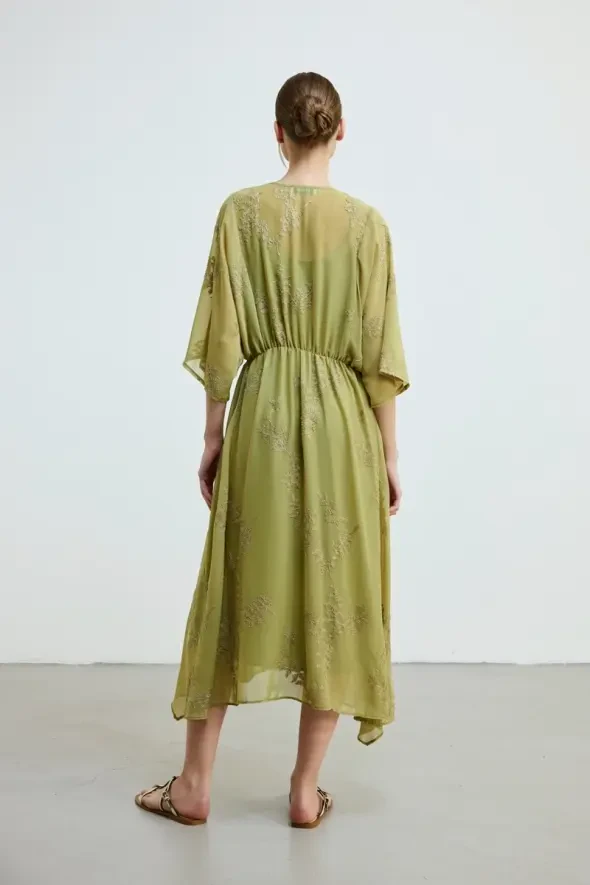 Nakışlı Uzun Astarlı Şifon Elbise -Yeşil - 6