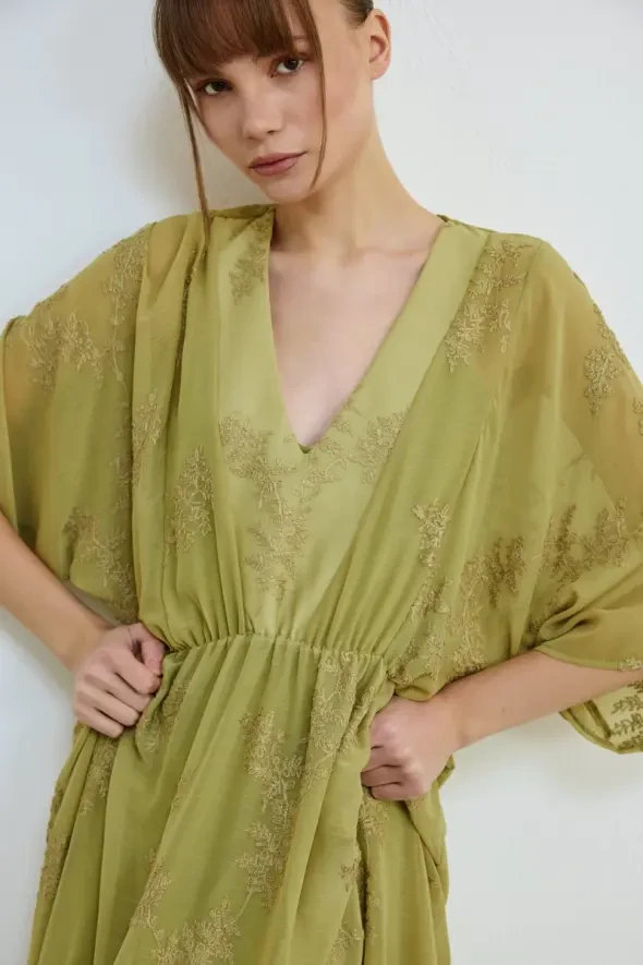 Nakışlı Uzun Astarlı Şifon Elbise -Yeşil - 2