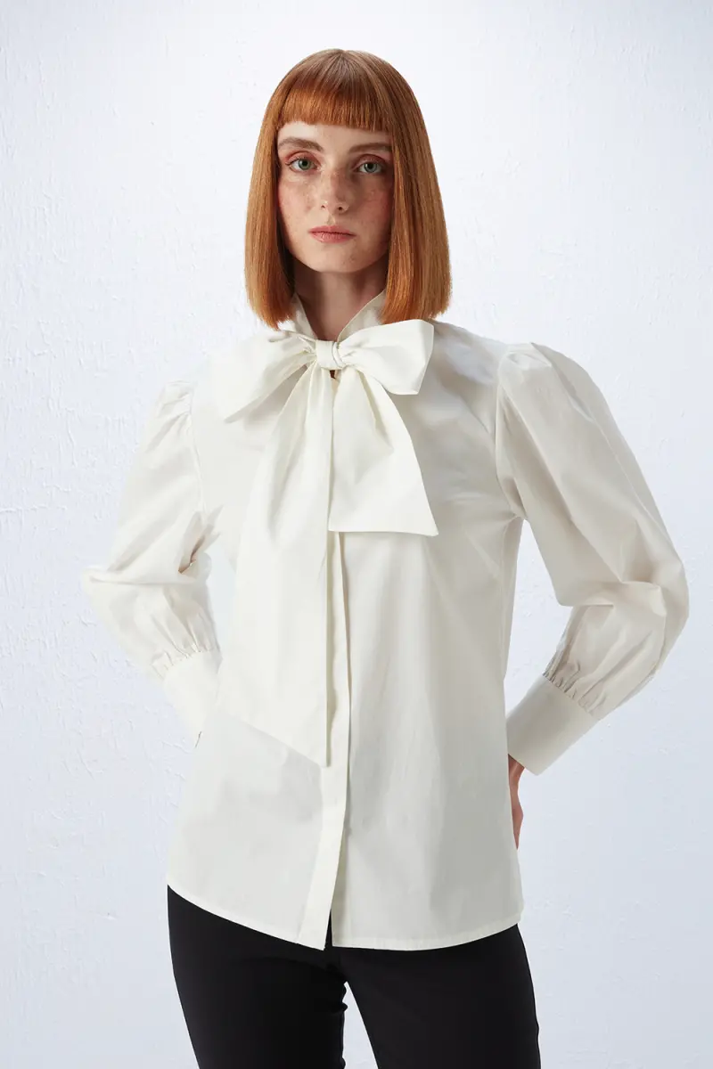 Neck Tie Cotton Shirt - White Autumn-Winter | Gusto