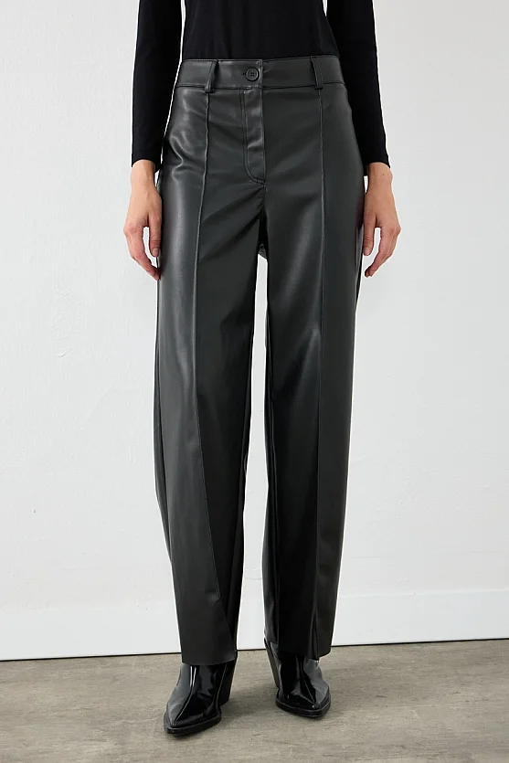 Nervür Dikişli Bol Paça Deri Pantolon - Siyah - 2