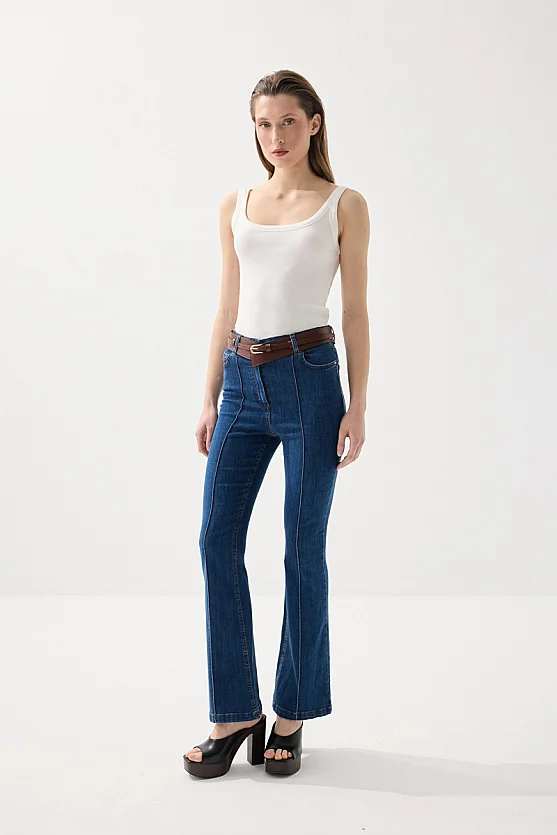 Nervürlü Flare Denim Pantolon - Lacivert - 5