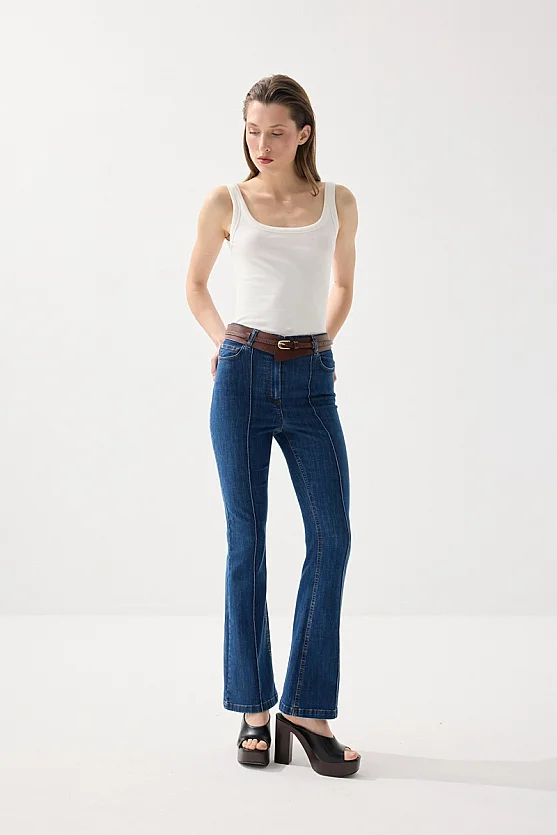 Nervürlü Flare Denim Pantolon - Lacivert - Gusto