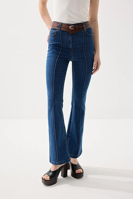 Nervürlü Flare Denim Pantolon - Lacivert - Gusto