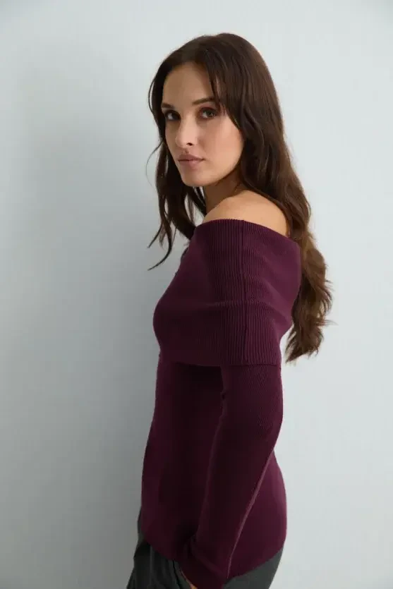 Off-Shoulder Knit Blouse - Plum - 4