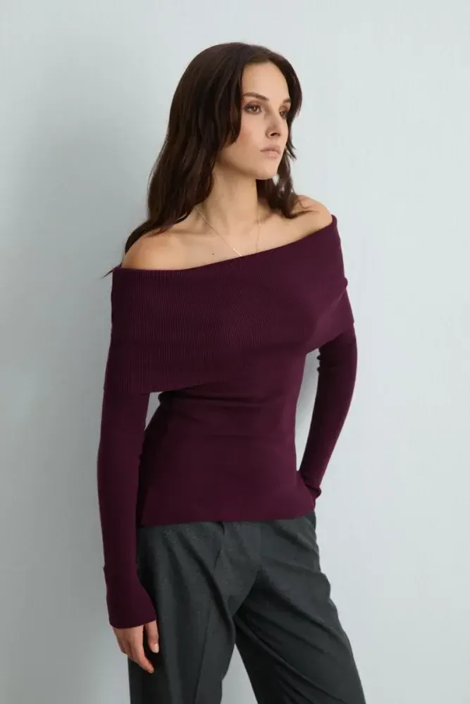 Off-Shoulder Knit Blouse - Plum Marroon