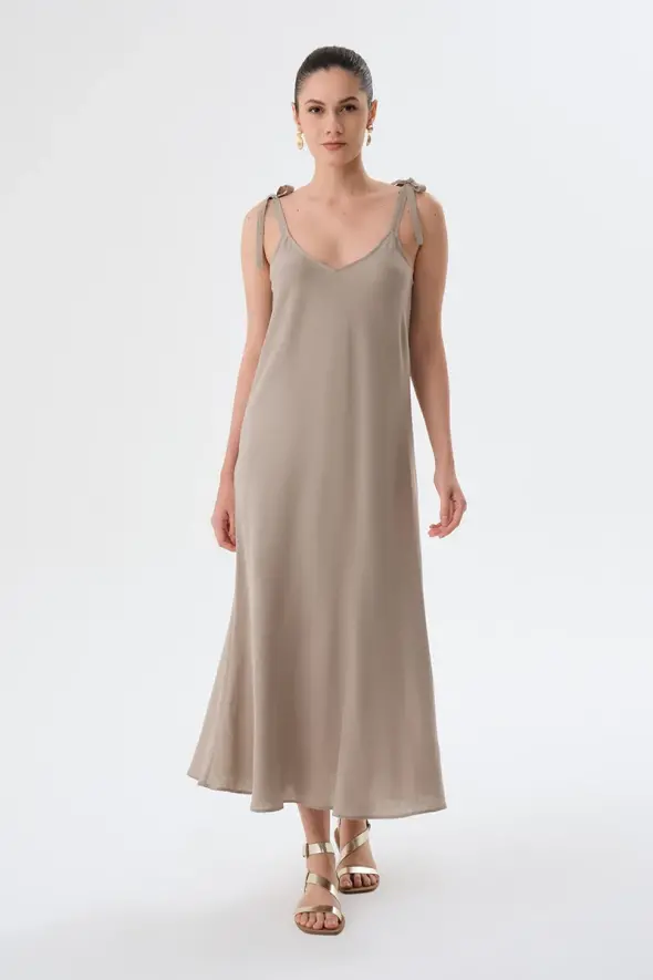 Omuzları Bağcıklı Keten Elbise - Vizon - 1
