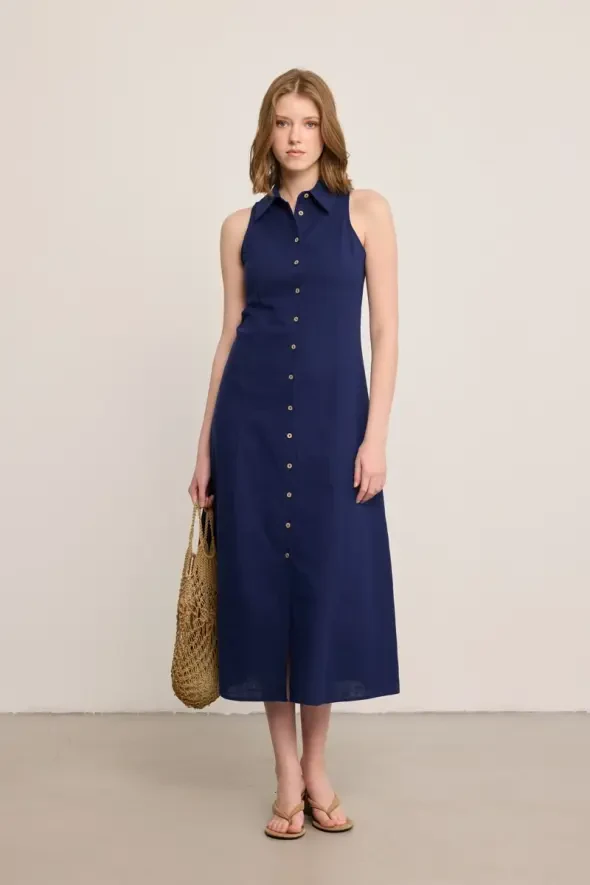 Önden Düğmeli Uzun Keten Elbise - Lacivert - Gusto