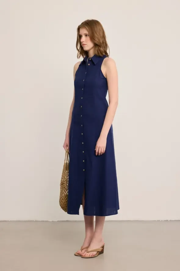 Önden Düğmeli Uzun Keten Elbise - Lacivert - Gusto