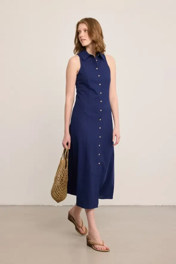 Önden Düğmeli Uzun Keten Elbise - Lacivert - Gusto