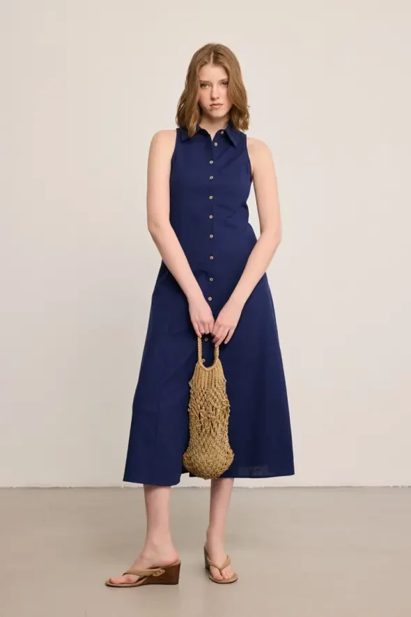 Önden Düğmeli Uzun Keten Elbise - Lacivert - Gusto