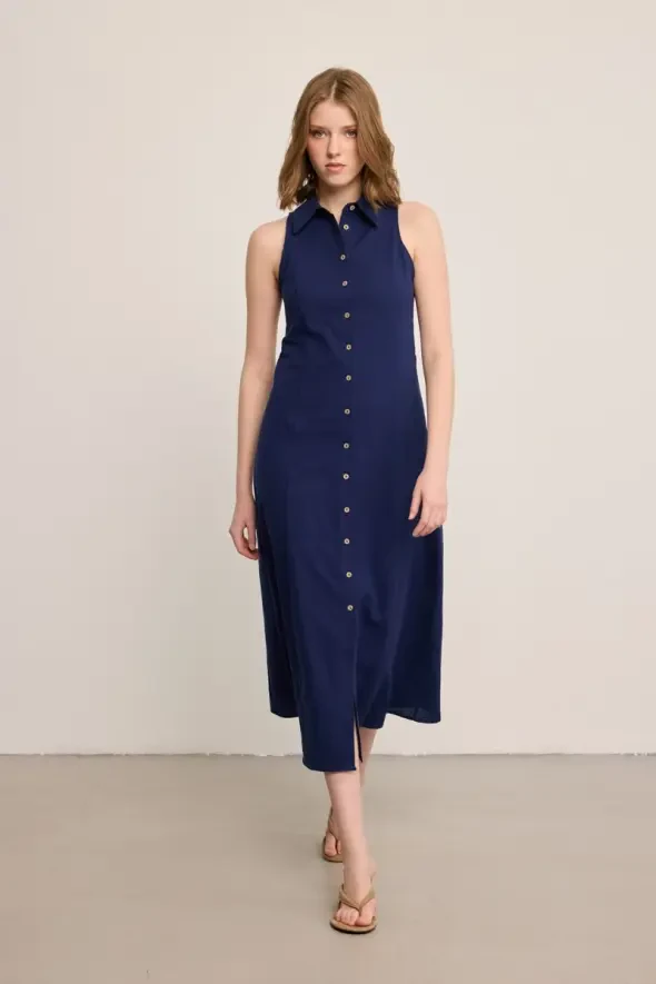 Önden Düğmeli Uzun Keten Elbise - Lacivert - Gusto