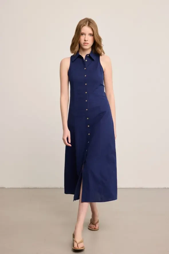 Önden Düğmeli Uzun Keten Elbise - Lacivert - Gusto