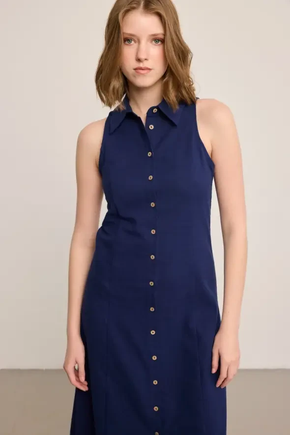 Önden Düğmeli Uzun Keten Elbise - Lacivert - Gusto