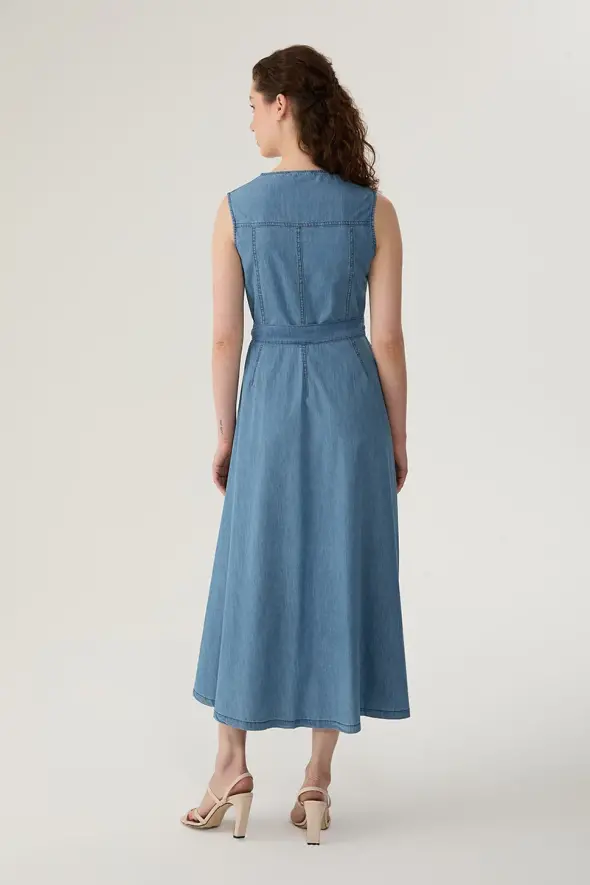 Önü Fermuarlı Uzun Denim Elbise - Mavi - 5