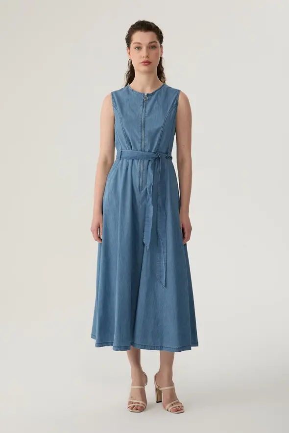 Önü Fermuarlı Uzun Denim Elbise - Mavi - 2