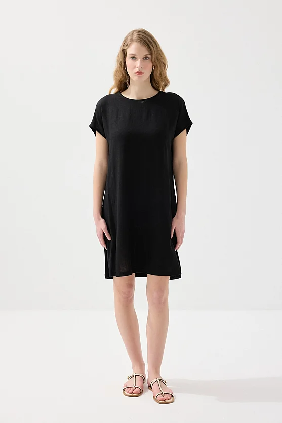 Önü Keten Elbise - Siyah - 1