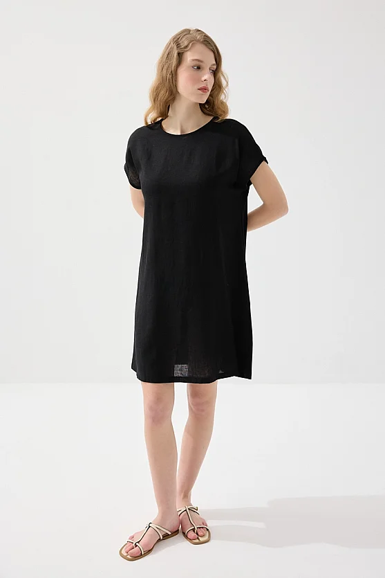 Önü Keten Elbise - Siyah - 2