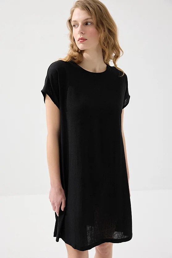 Önü Keten Elbise - Siyah - 3