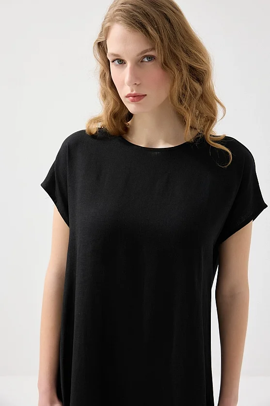 Önü Keten Elbise - Siyah - 4