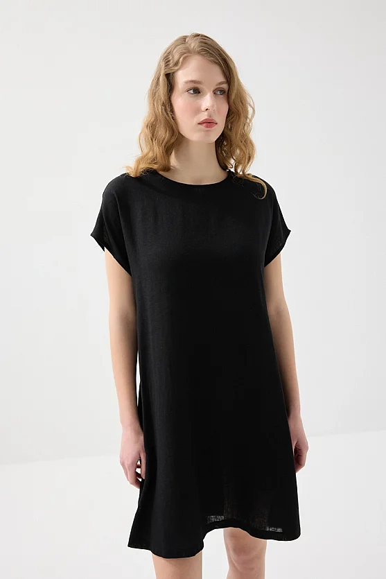 Önü Keten Elbise - Siyah - Gusto