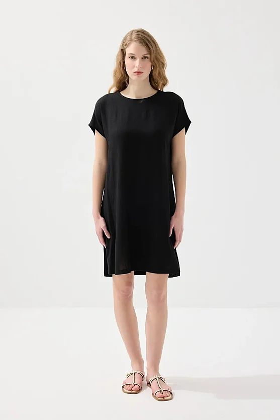 Önü Keten Elbise - Siyah - Gusto