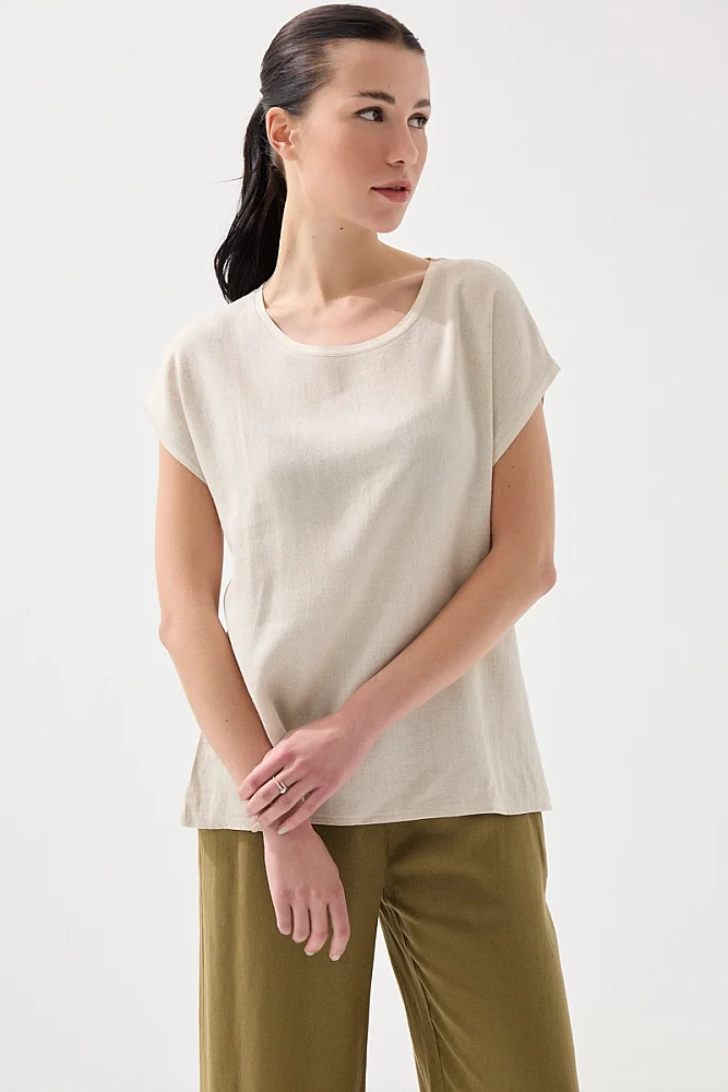 Önü Keten Tshirt - Bej