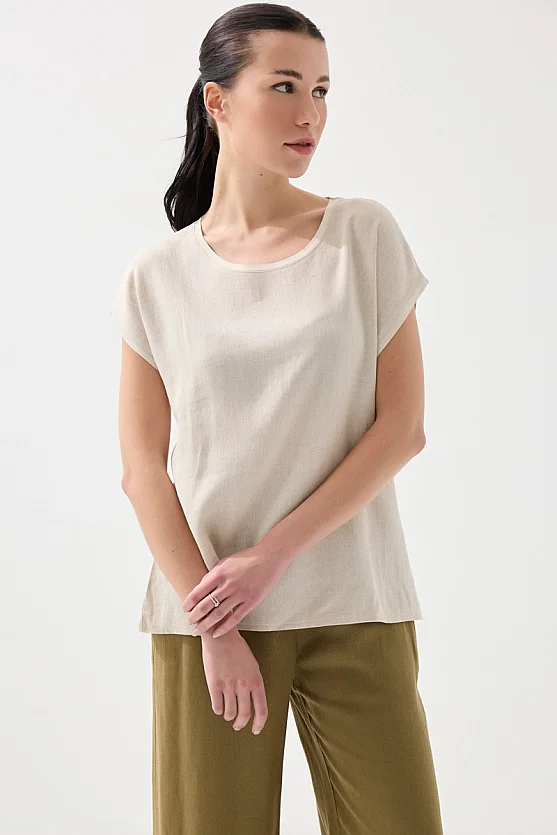 Önü Keten Tshirt - Bej - 1