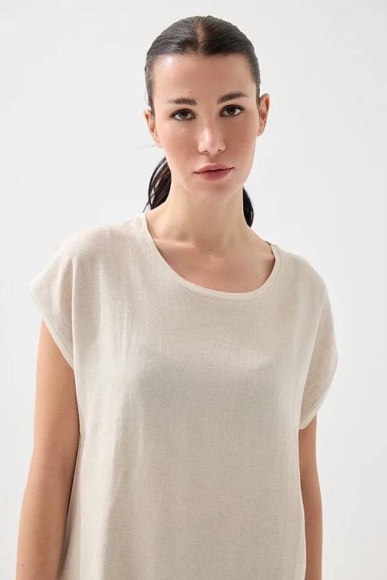 Önü Keten Tshirt - Bej - 4